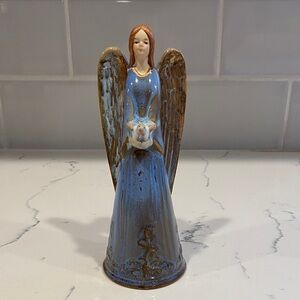 Vintage Ceramic Angel Bell Figurine Blue Glaze 6.75”